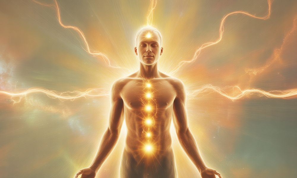 Glowing human silhouette with golden aura and energy centers, symbolizing awakening symptoms