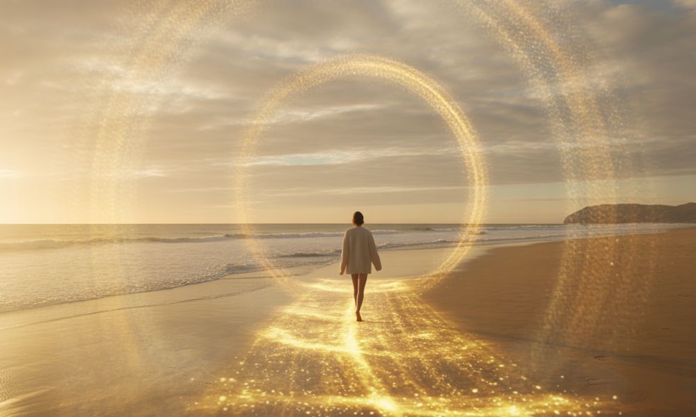 Mystical golden pathway with radiant spiritual figure under a glowing cosmic spiral, symbolizing awakening and guidance
