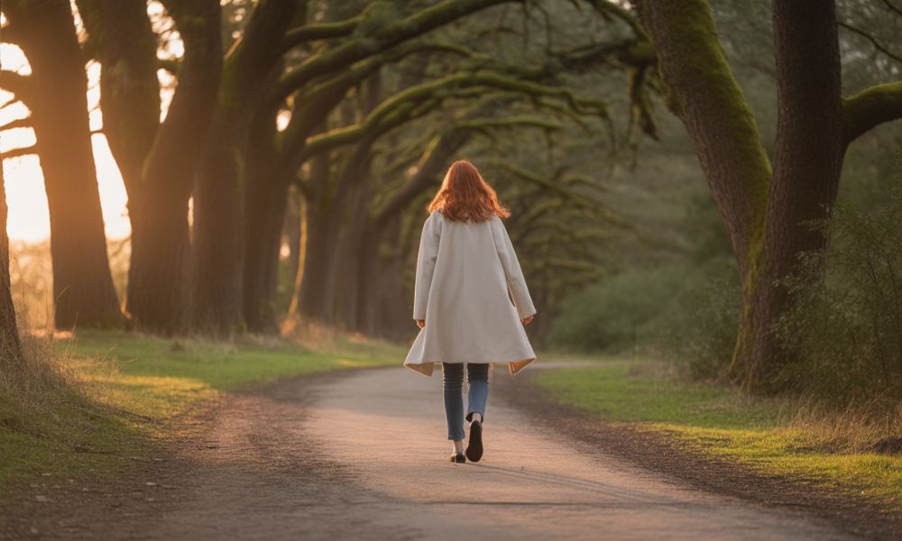 Person walking on a glowing forest path at sunset, symbolizing guidance, healing, and the journey of spiritual awakening