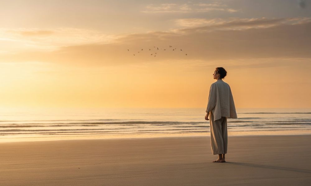 Realistic sunrise over the ocean with a person reflecting on the beach, symbolizing spiritual awakening and self-discovery