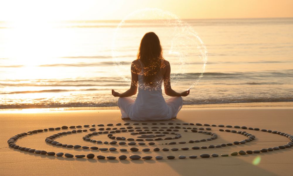 A serene woman meditating on a golden beach at sunrise, surrounded by smooth stones arranged in a spiral, symbolizing peace, awakening, and balance