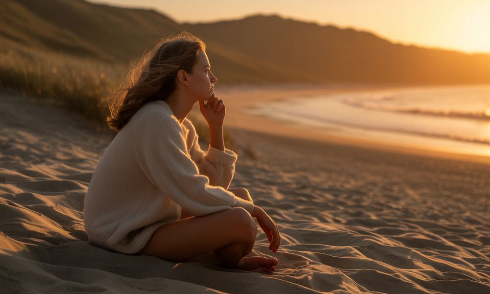 Person sitting by the ocean at sunrise, reflecting on life and purpose